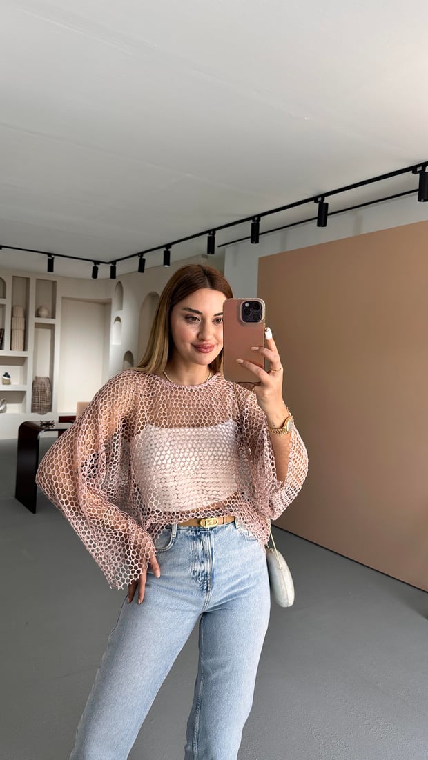 Pudra Oversize Simli File Bluz