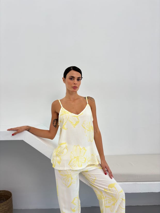 Sarı Çiçek Desen Ayarlanabilir Askı Pamuklu Atlet