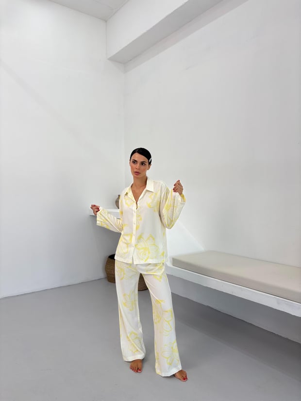 Sarı Çiçek Desen Pamuklu Gömlek Pijama Takım