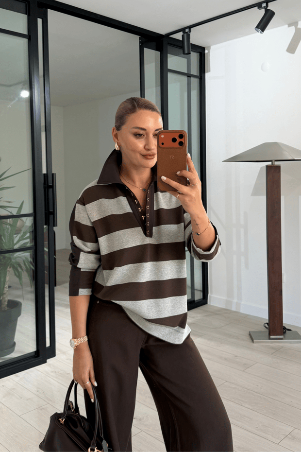 Agraflı Polo Yaka Kahve Çizgili SweatSezgi Tekin