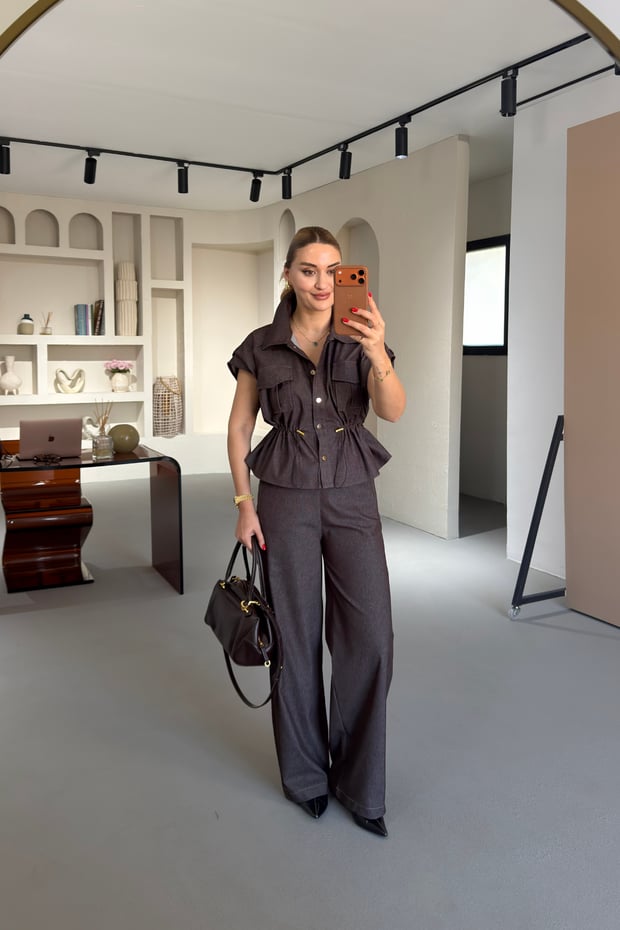 Bel Lastikli Denim Kahve Palazzo PantolonSezgi Tekin