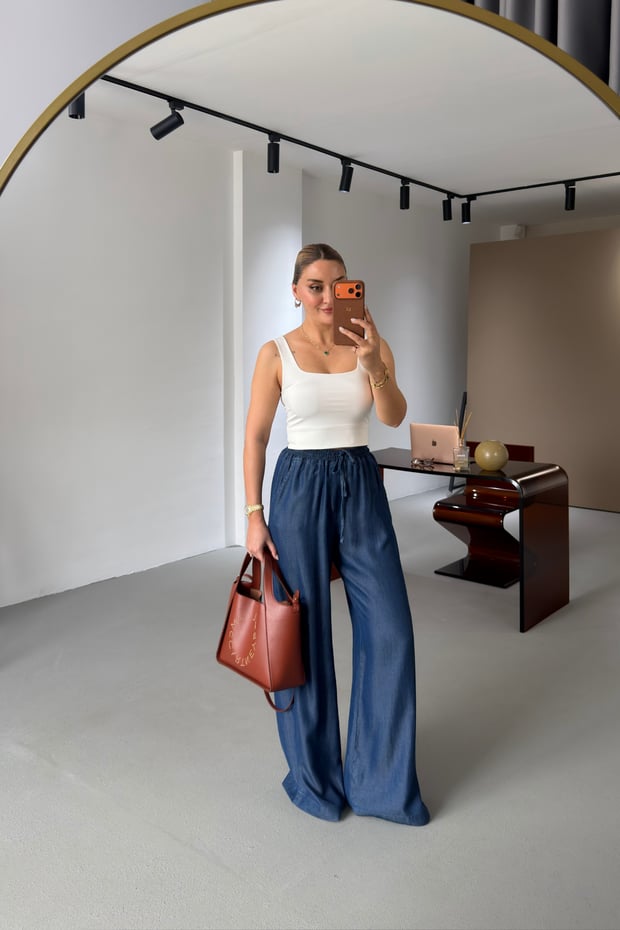 Bel Lastikli Lacivert Tensel Denim PantolonSezgi Tekin