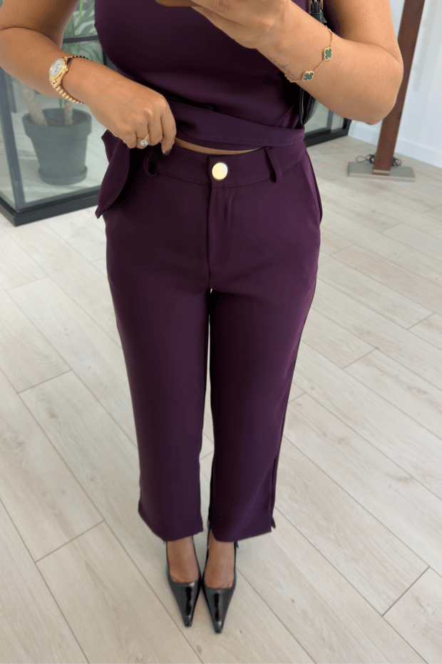 Beli Lastikli Gold Düğme Detay Mürdüm PantolonSezgi Tekin