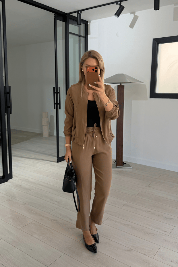 Bomber Ceket / Pantolon Camel Tensel TakımSezgi Tekin