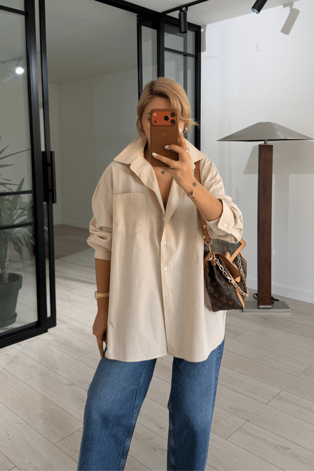Cep Detay Oversize Taş Poplin GömlekSezgi Tekin