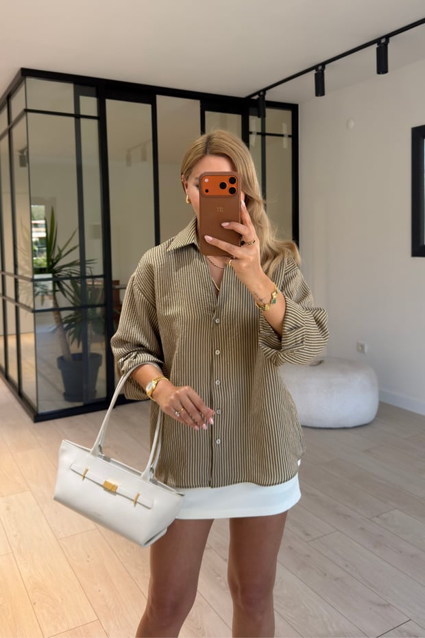 Çizgili Oversize Haki Vual GömlekSezgi Tekin