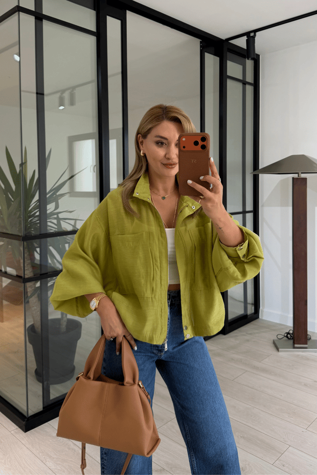 Dik Yaka Oversize Yağ Yeşili Fermuarlı CeketSezgi Tekin
