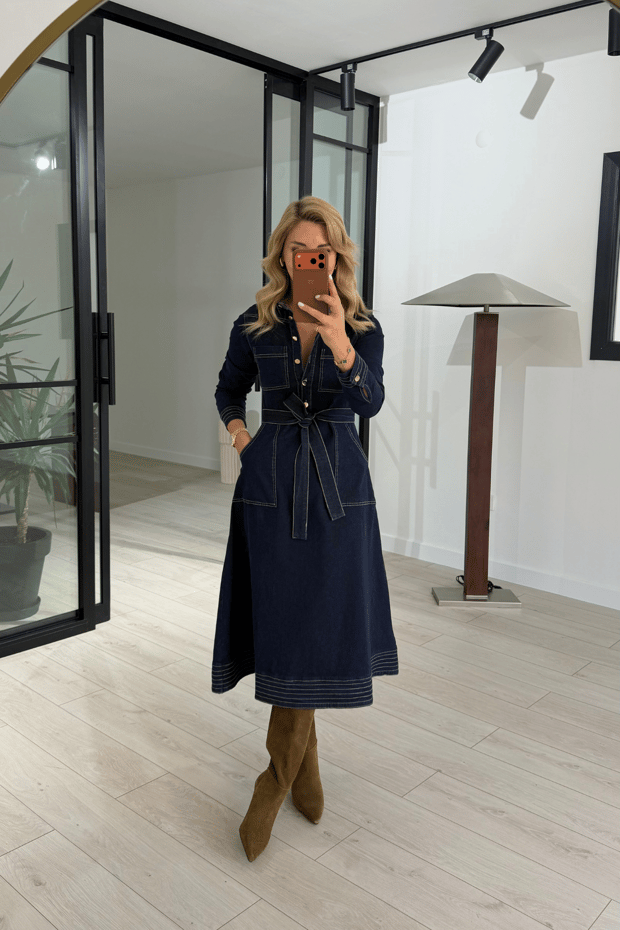 Dikiş Detay Lacivert Çan Denim ElbiseSezgi Tekin