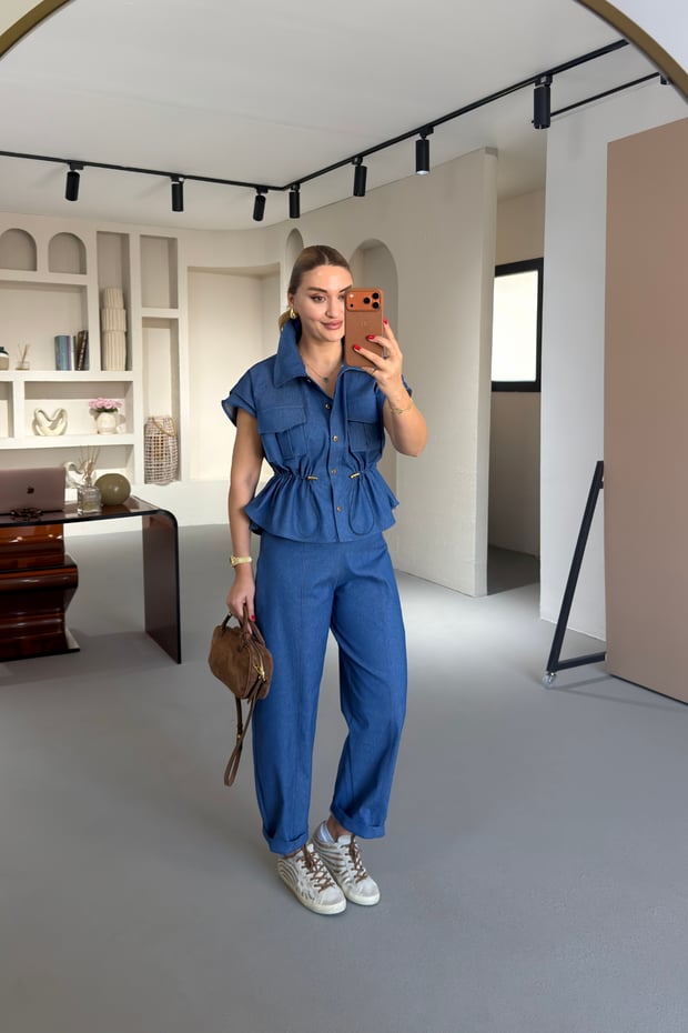 Dikiş Detay Mavi Slouchy PantolonSezgi Tekin