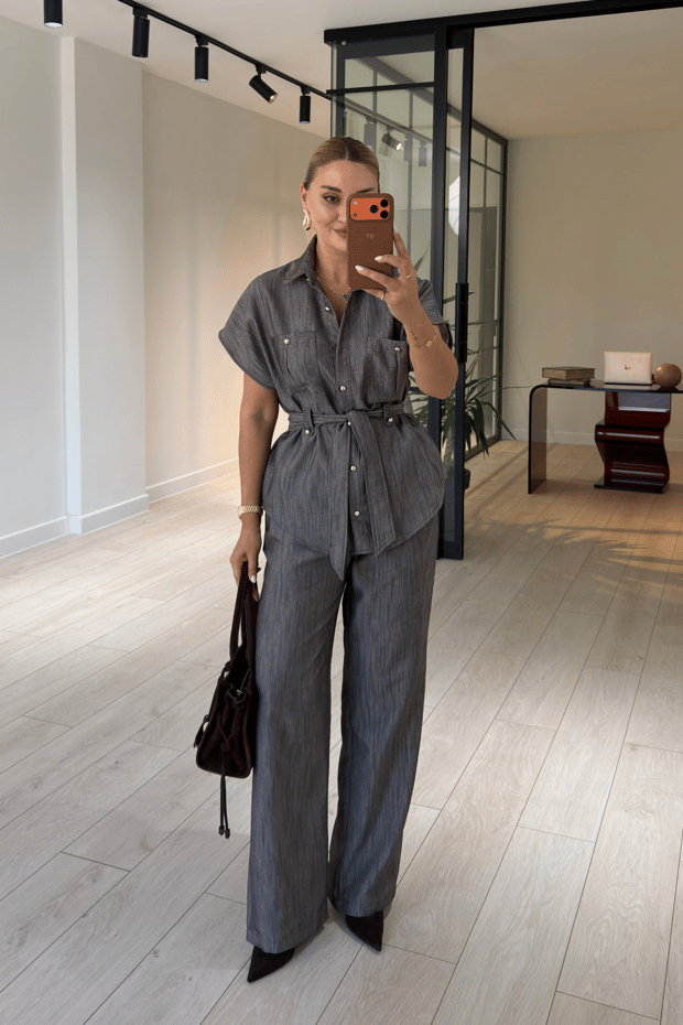Düğme Detay Kuşaklı Kahve Denim Gömlek / Pantolon TakımSezgi Tekin