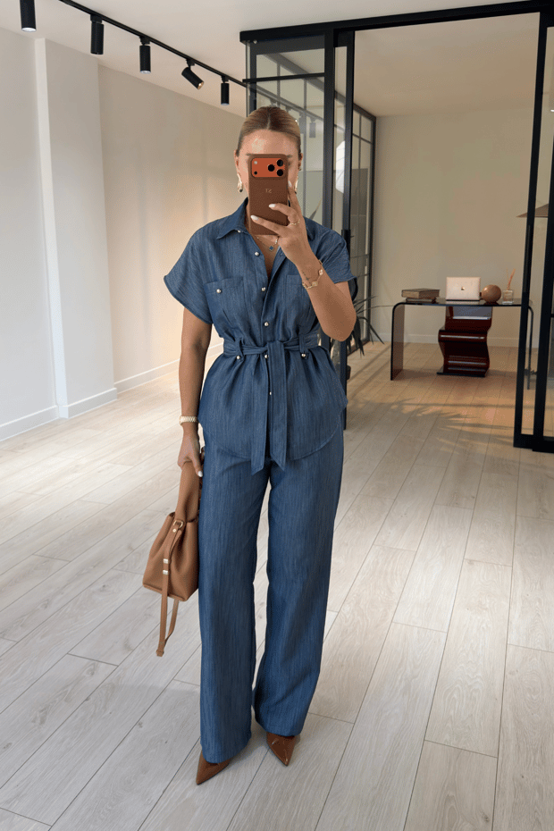 Düğme Detay Kuşaklı Mavi Denim Gömlek / Pantolon TakımSezgi Tekin