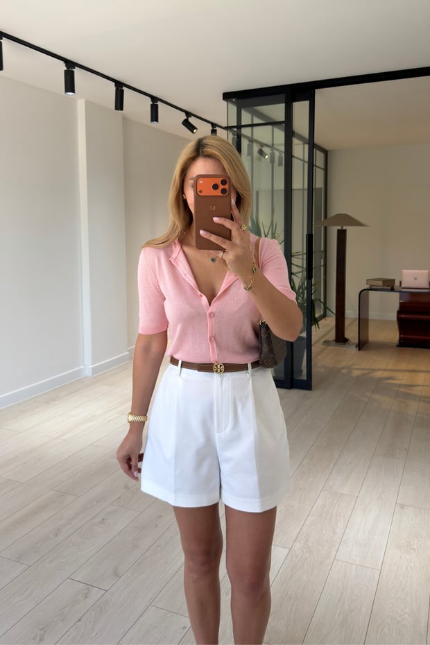 Düğmeli Pembe İnce Triko Bluz / HırkaSezgi Tekin