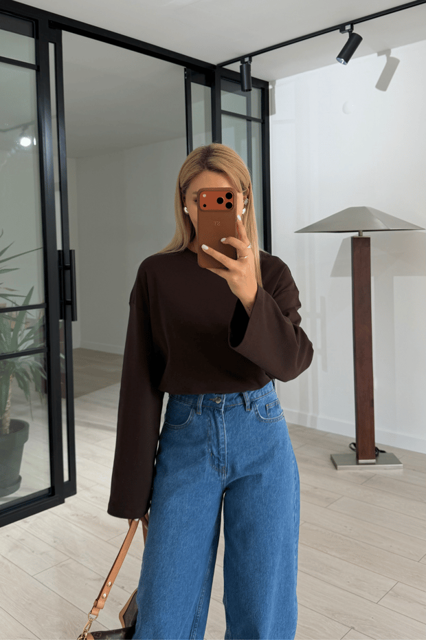 Geniş Kol Kahve Pamuklu Basic TshirtSezgi Tekin