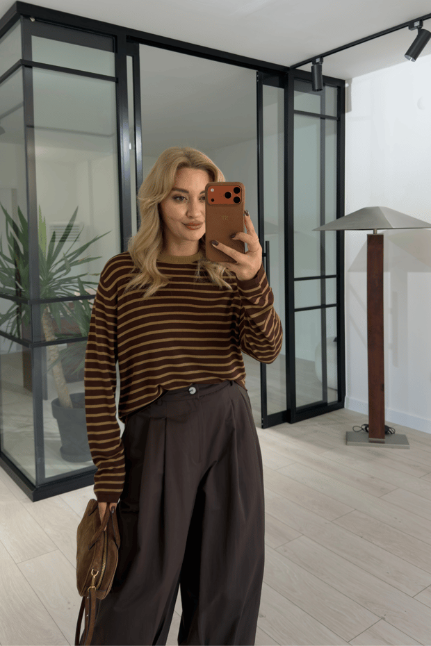 Kahve-Haki Çizgili Oversize Triko BluzSezgi Tekin