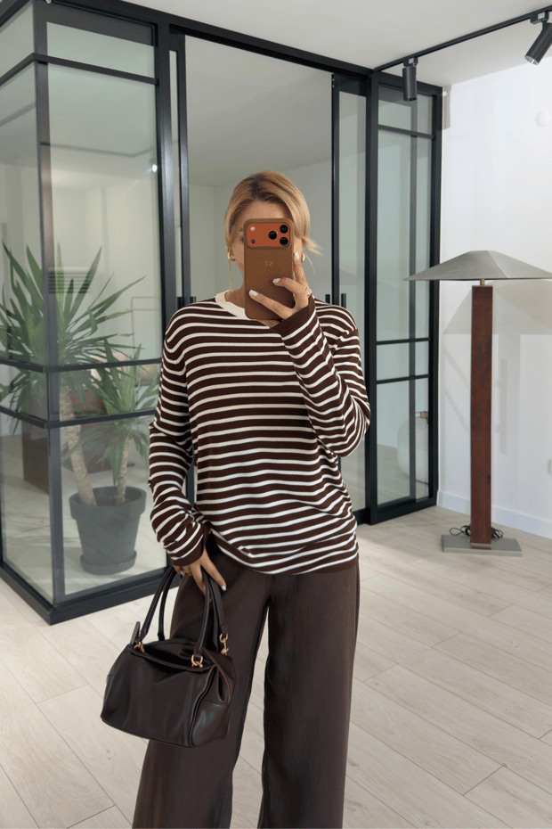 Kahve-Krem Çizgili Oversize Triko BluzSezgi Tekin