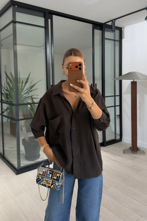Kahve Oversize Cepli Modal GömlekSezgi Tekin