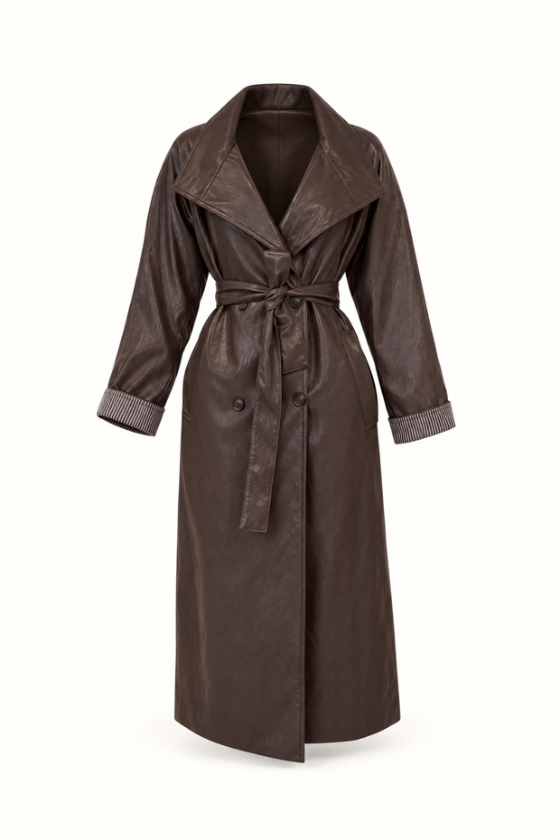 Kahve Oversize Deri TrençSezgi Tekin
