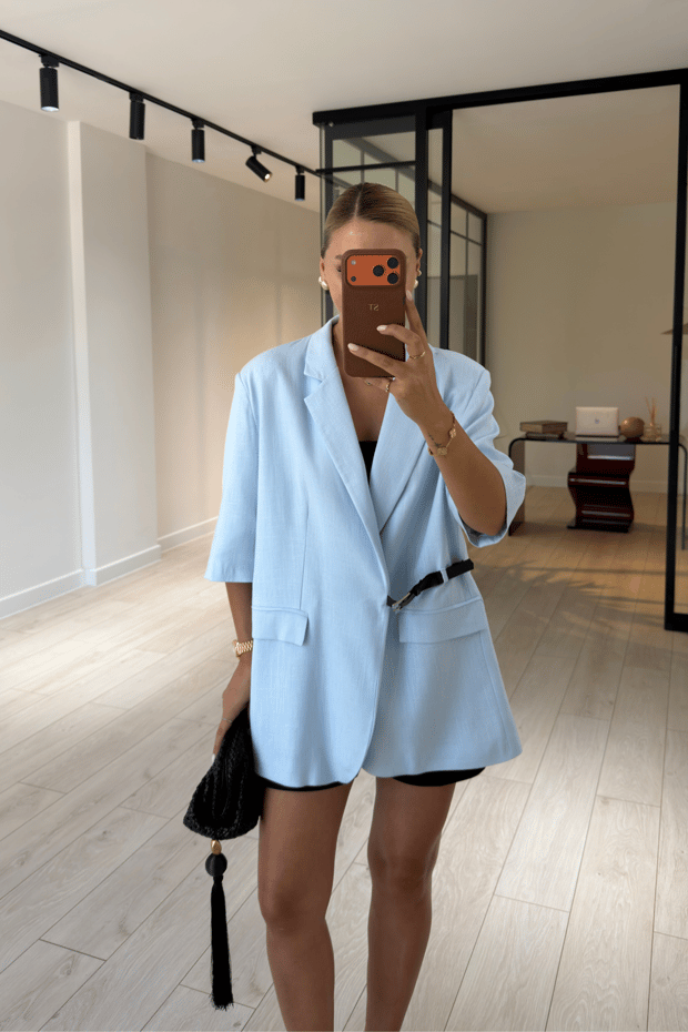 Kemerli Süs Cep Detay Bebek Mavi Oversize CeketSezgi Tekin