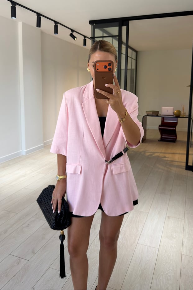 Kemerli Süs Cep Detay Pudra Pembe Oversize CeketSezgi Tekin