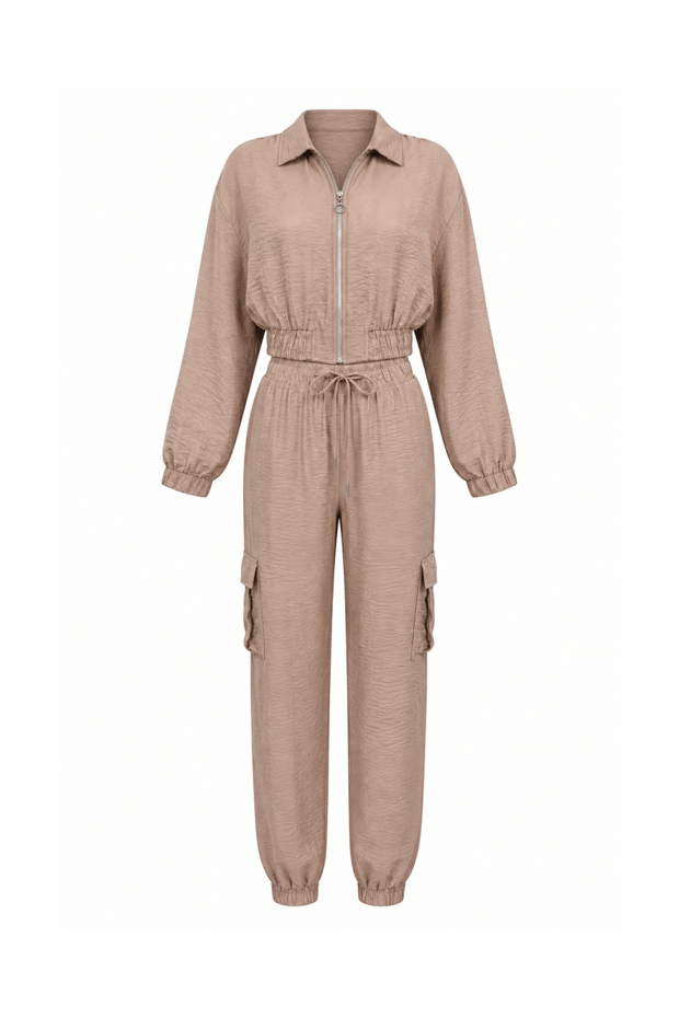 Kırışık Efektli Ceket Pantolon Camel  Saten TakımSezgi Tekin