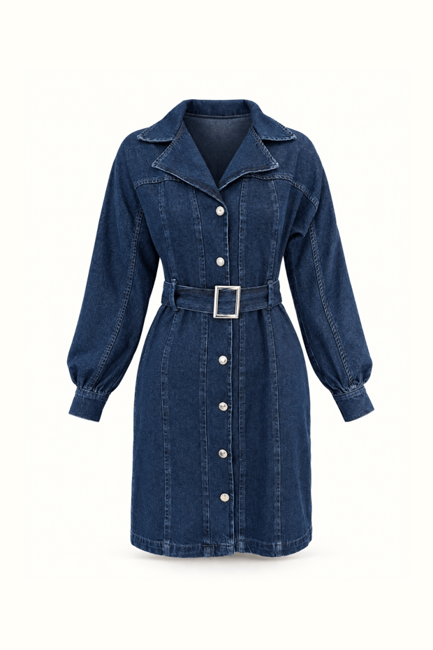 Kruvaze Yaka Boydan Düğmeli Kemer Detay Lacivert Denim ElbiseSezgi Tekin