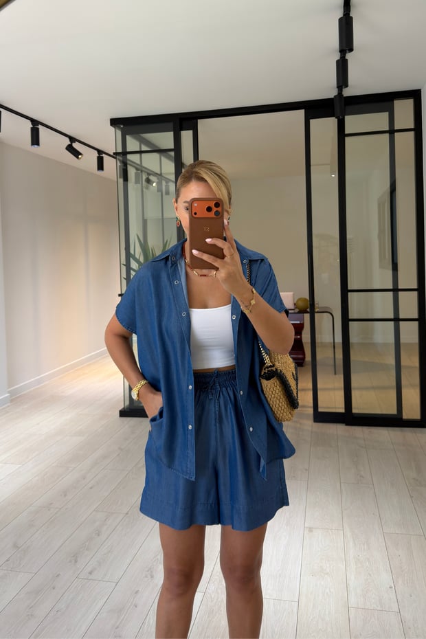 Lacivert Tensel Denim Gömlek/Şort TakımSezgi Tekin