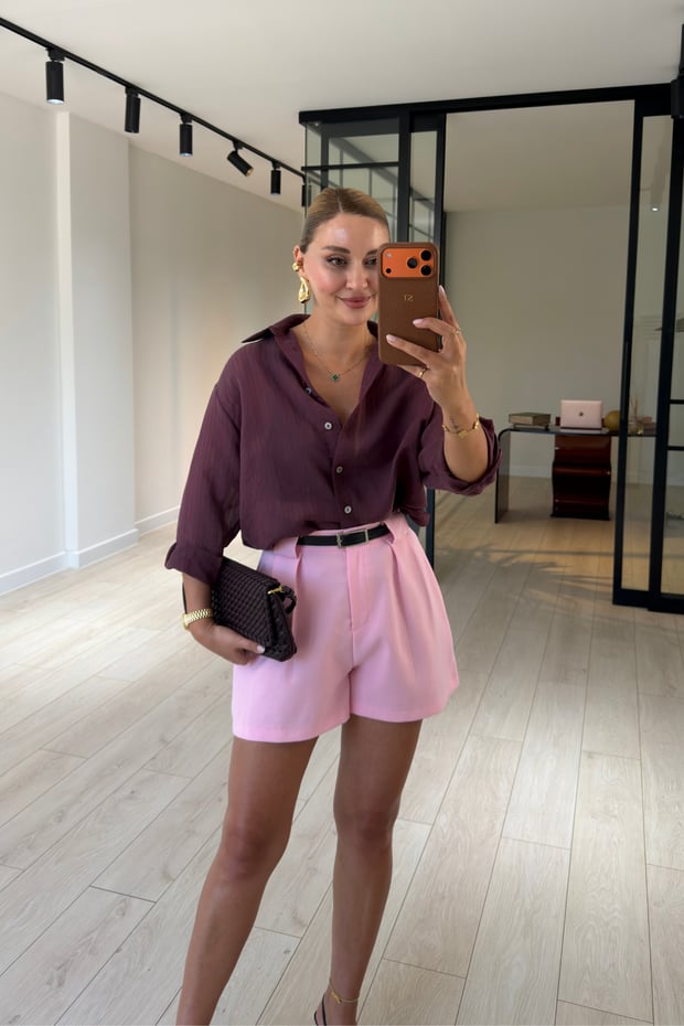 Oversize Doğal Dokulu Mürdüm GömlekSezgi Tekin