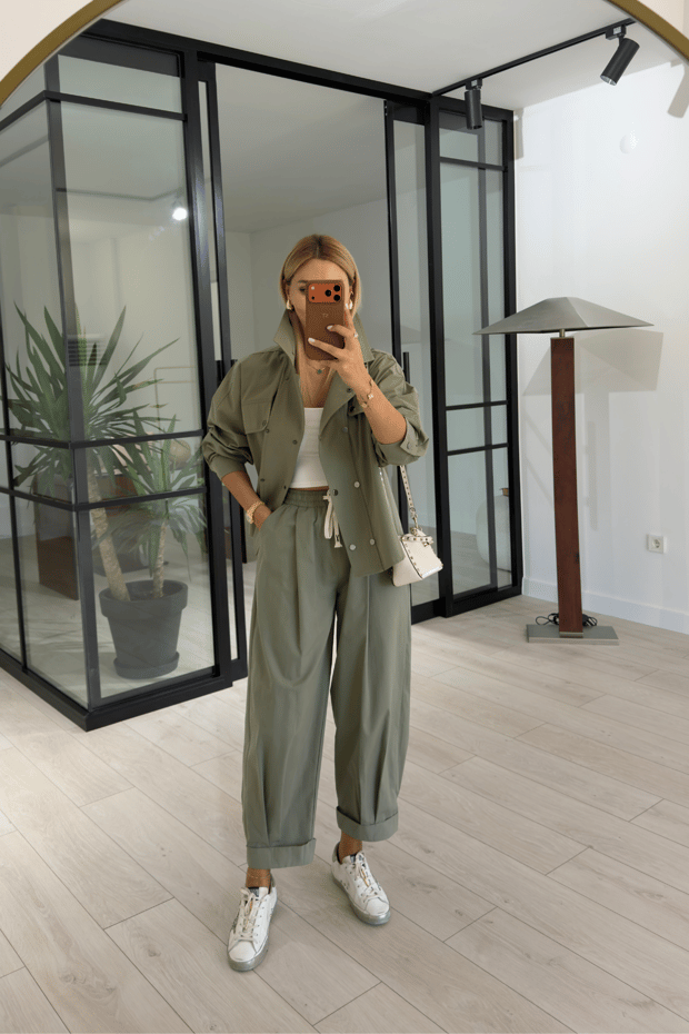 Pat Düğmeli Oversize Ceket Slouchy Pantolon Haki TakımSezgi Tekin