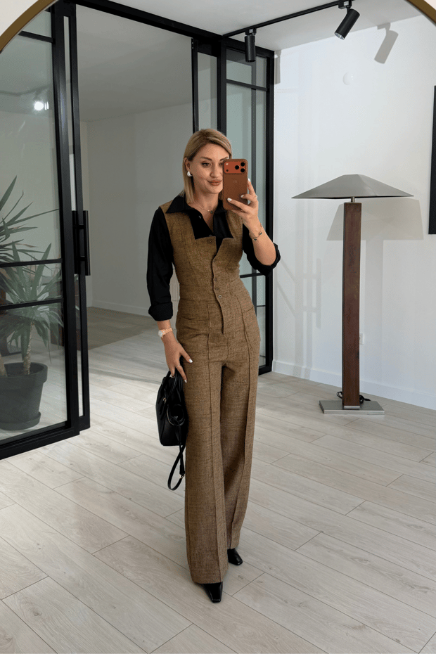 Premium Seri Kare Yaka Camel Tüvit Tulum Sezgi Tekin