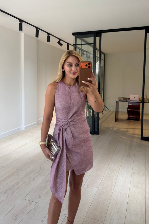 Premium Seri Kemer Detay Simli Pudra Pembe Keten ElbiseSezgi Tekin