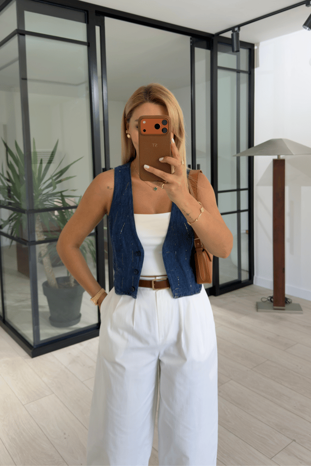 Premium Seri Taş Detay Denim YelekSezgi Tekin