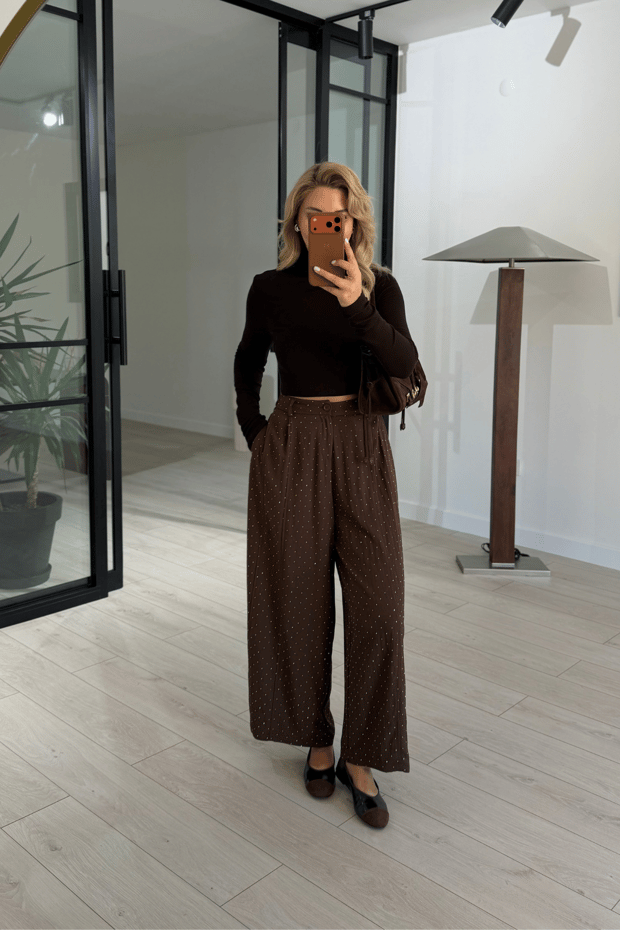 Taş Detaylı Kahve Slouchy PantolonSezgi Tekin