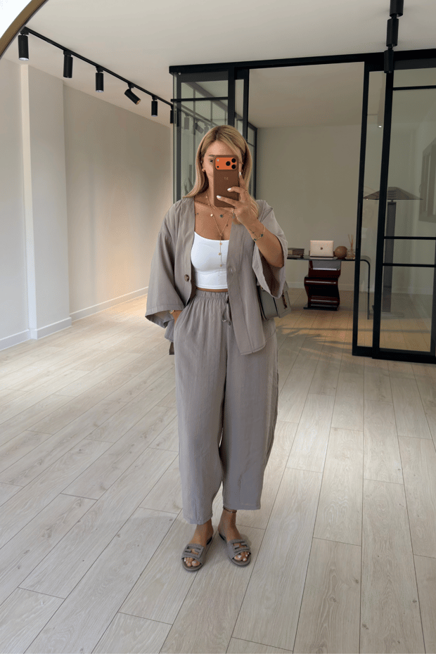 Tek Düğmeli Gömlek/Slouchy Pantolon Vizon Tensel Modal TakımSezgi Tekin
