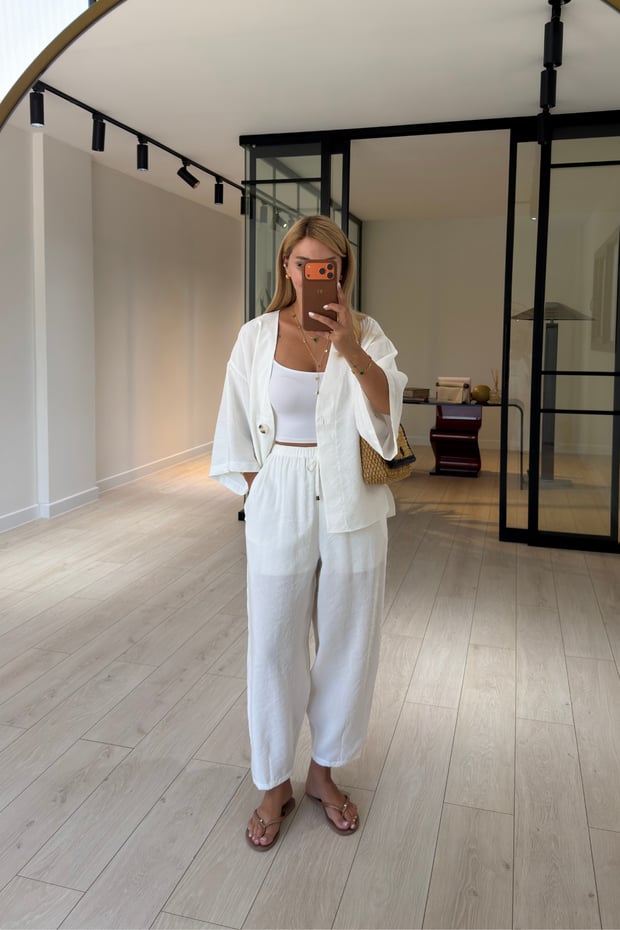 Tek Düğmeli Gömlek/Slouchy Pantolon Ekru Tensel Modal TakımSezgi Tekin