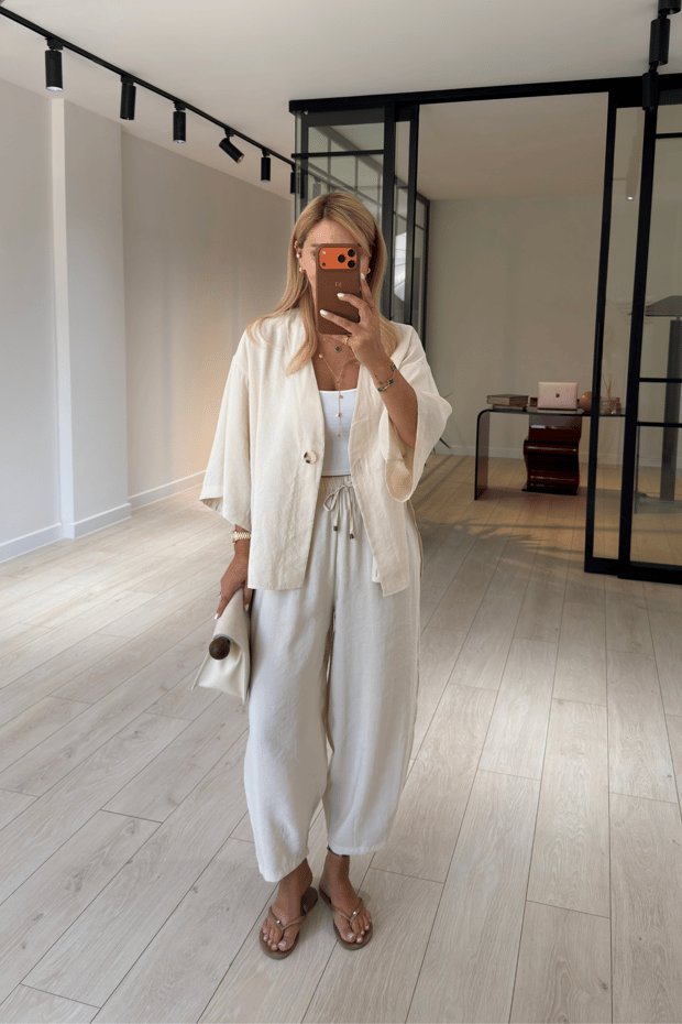 Tek Düğmeli Gömlek/Slouchy Pantolon Vanilya Tensel Modal TakımSezgi Tekin
