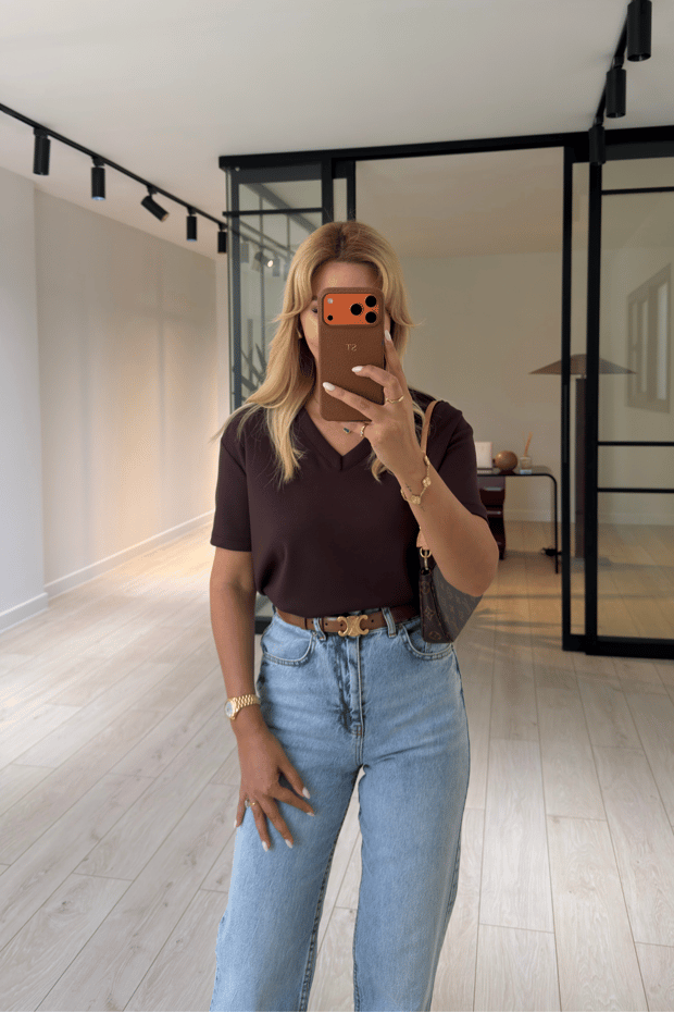V Yaka Kahve Tok Modal Basic TshirtSezgi Tekin