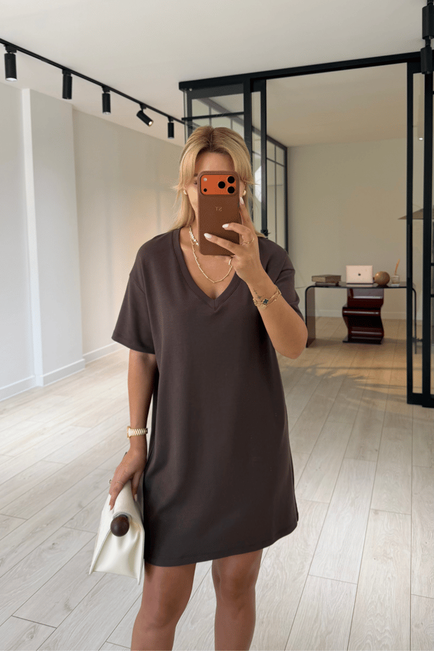 V Yaka Oversize Kahve Modal ElbiseSezgi Tekin