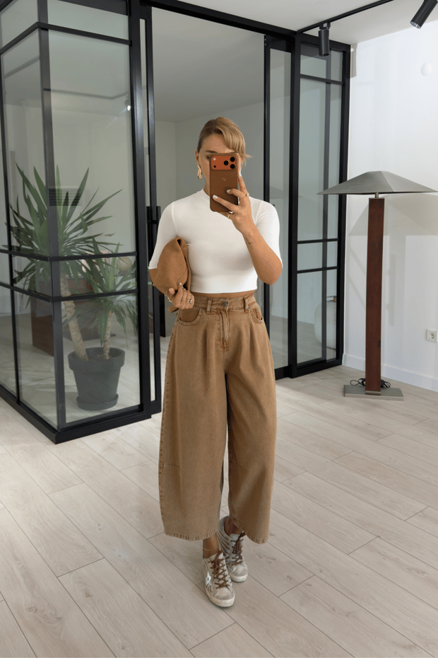 Vintage Camel Yıkamalı Barrel Beli Lastikli PantolonSezgi Tekin