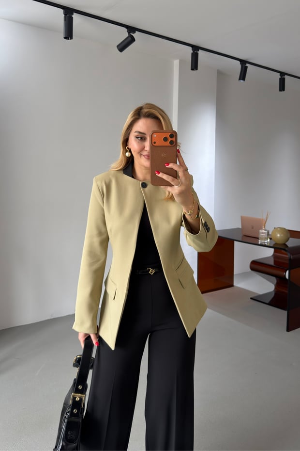 Yağ Yeşili Hakim Yaka Tek Düğmeli Blazer CeketSezgi Tekin