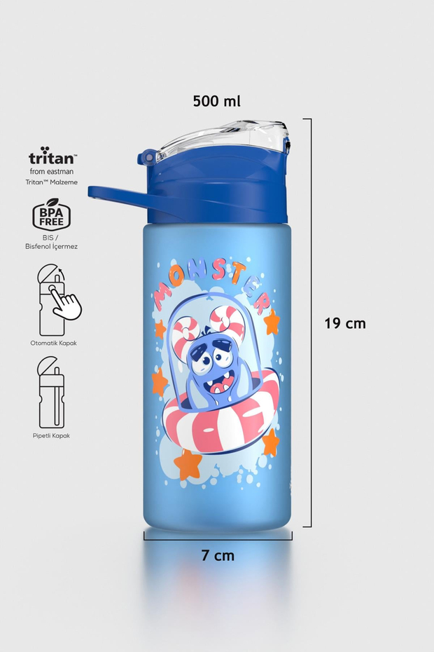 Renga Falcon Monster Desenli 500 ml Pipetli Mat Tritan Çocuk Matara 912037 Mavi