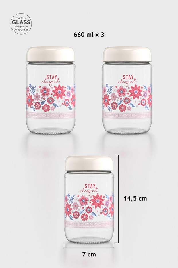 Renga Flora Desenli 660 ml 3lü Cam Kavanoz Seti 132079 Bej