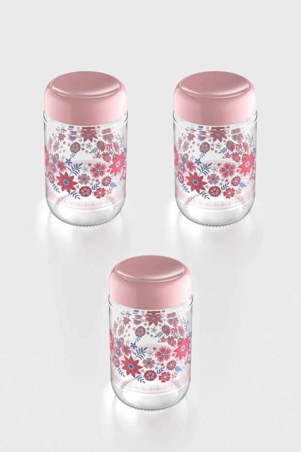 Renga Flora Desenli 660 ml 3lü Cam Kavanoz Seti 132079 Pudra