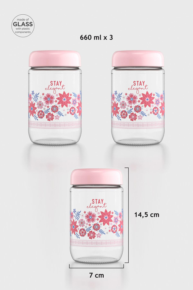 Renga Flora Desenli 660 ml 3lü Cam Kavanoz Seti 132079 Pudra