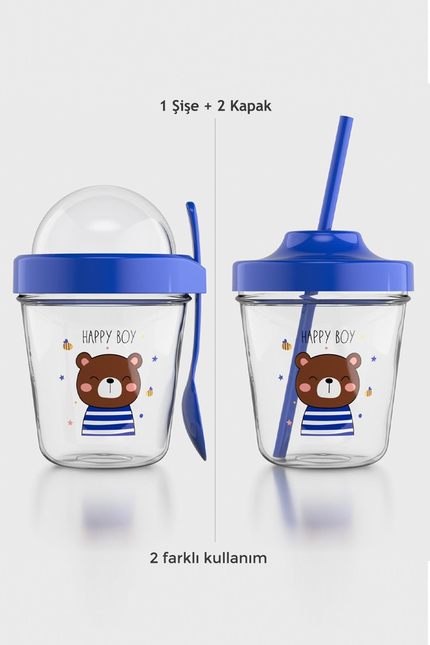Renga Mila Happy Boy Ayıcık Desenli Tritan Çocuk Seti Pipetli Kapak ve Müsli Kapak 712009 Mavi