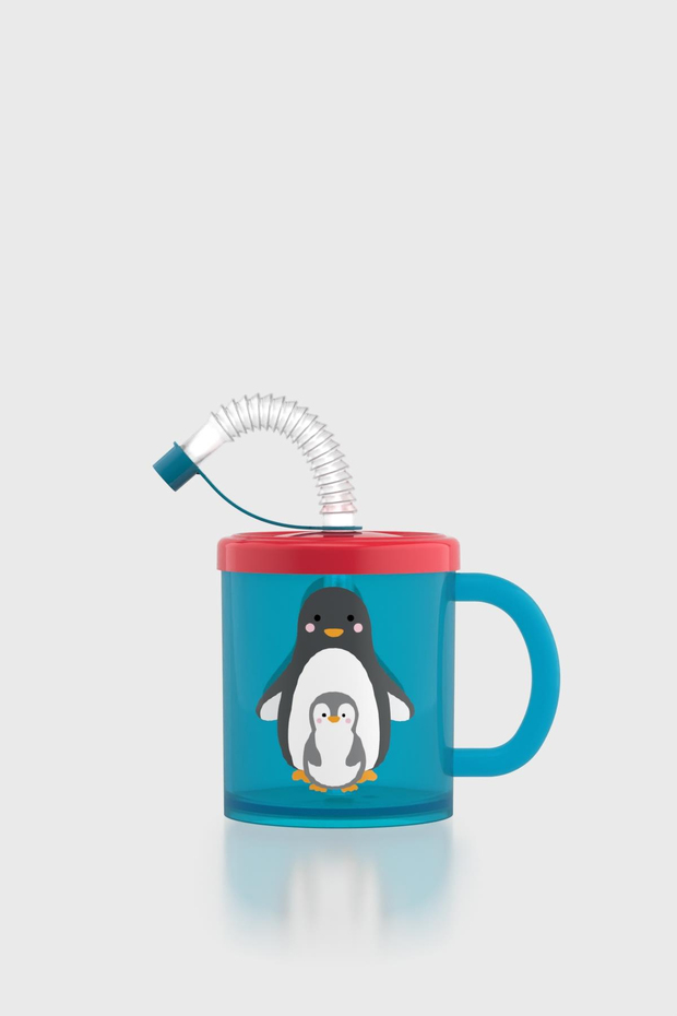 Renga Ruby Penguen Desenli 210 ml Pipetli Kulplu PP Bebek Bardağı 142003 Mavi-Kırmızı