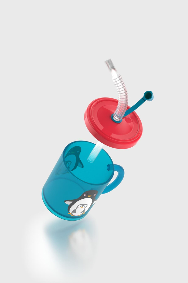 Renga Ruby Penguen Desenli 210 ml Pipetli Kulplu PP Bebek Bardağı 142003 Mavi-Kırmızı