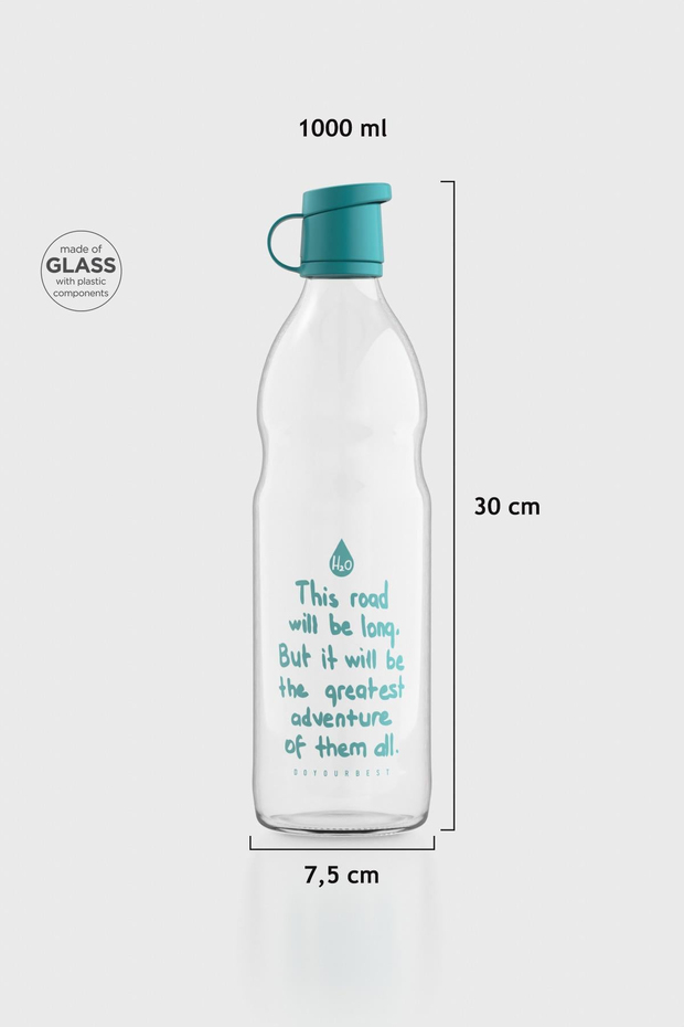 Renga Zen Yazı Desenli 1000 ml Cam Şişe 182049 Turkuaz