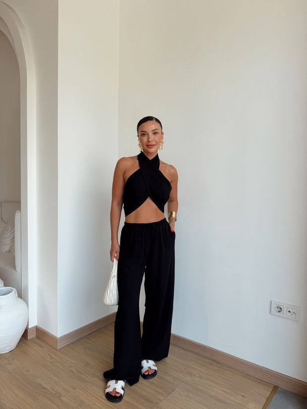 Bağlamalı Bluz Pantolon Takım Siyah