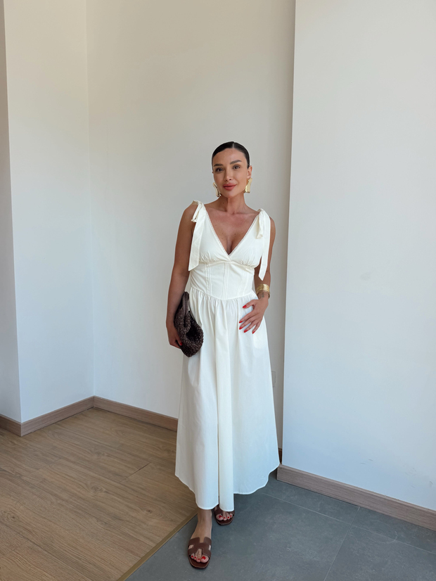 Bağlamalı Mini Dantelli Elbise Tereyağ