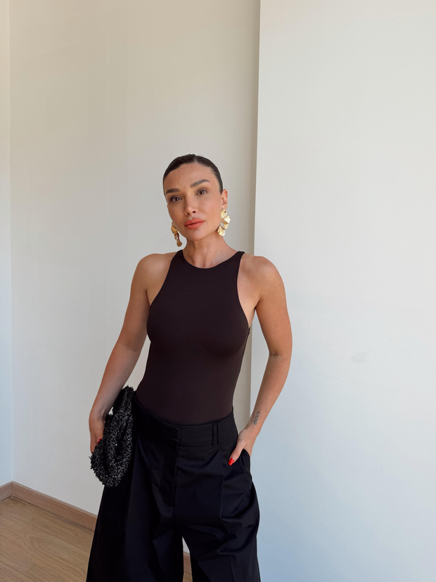 Bisiklet Yaka Bodysuit Kahve